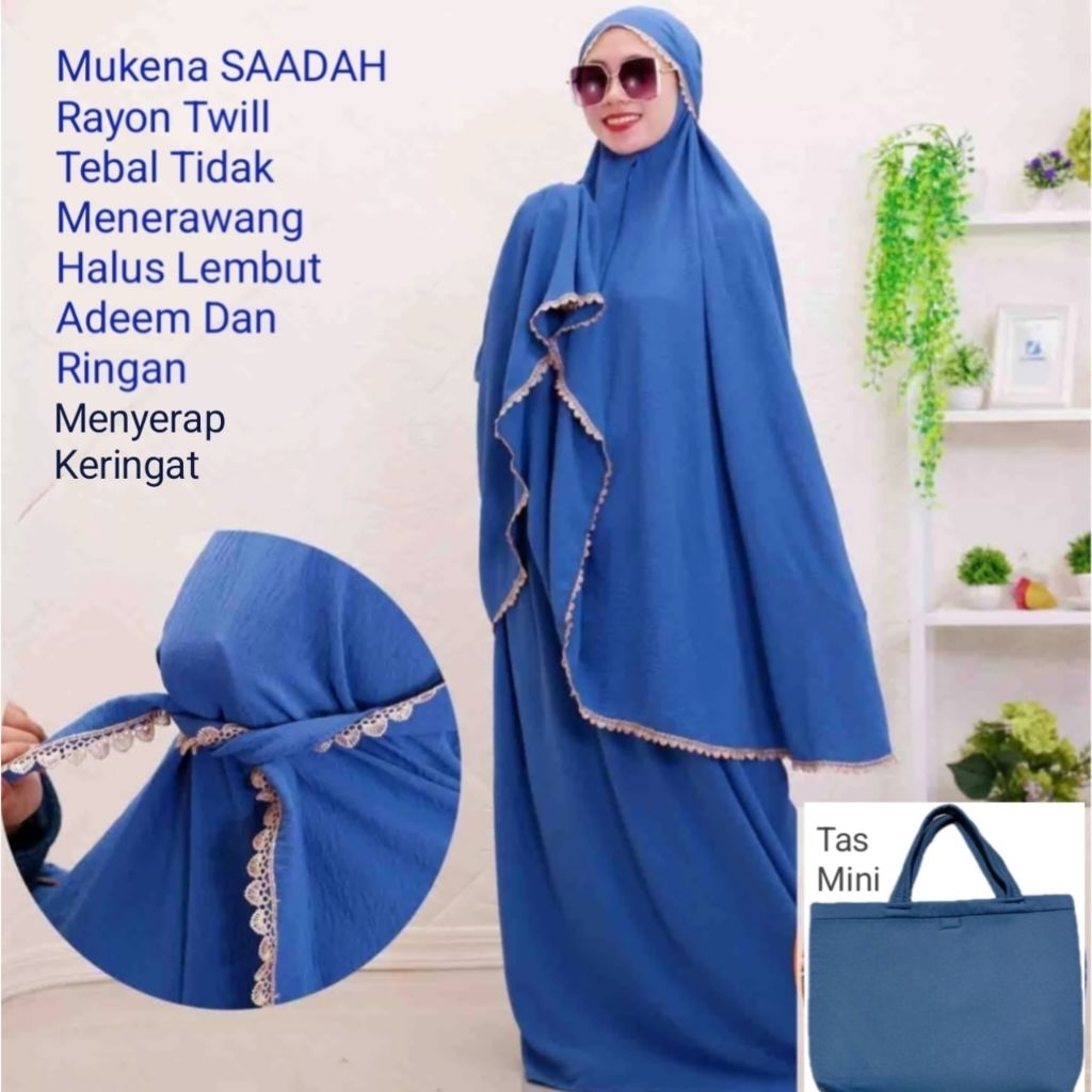 Mukena SAADAH Warna Biru Muda/Denim Bahan Rayon Twill Tebal Tidak Menerawang,Halus, Lembut, Adeem,Su