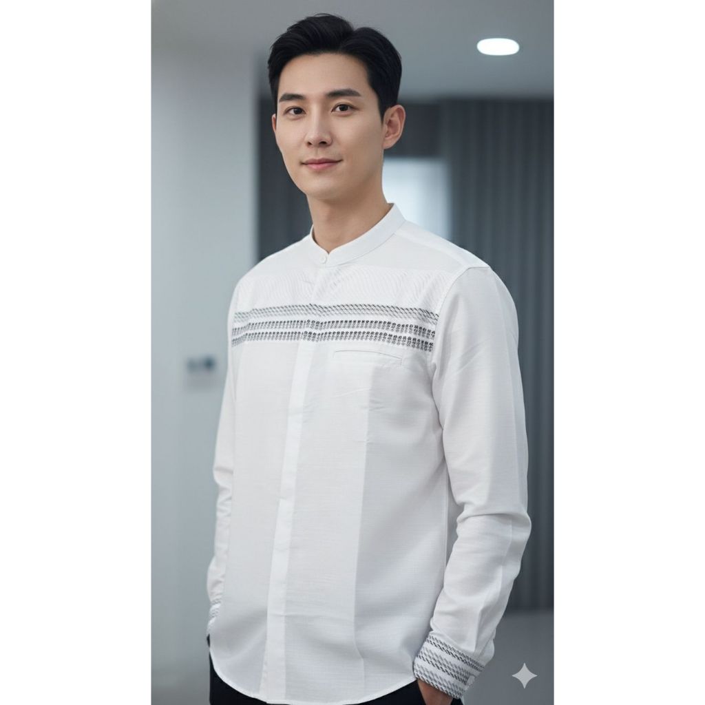 3’NThree Kemeja Koko Tangan Panjang Pria Koko Bordir Putih