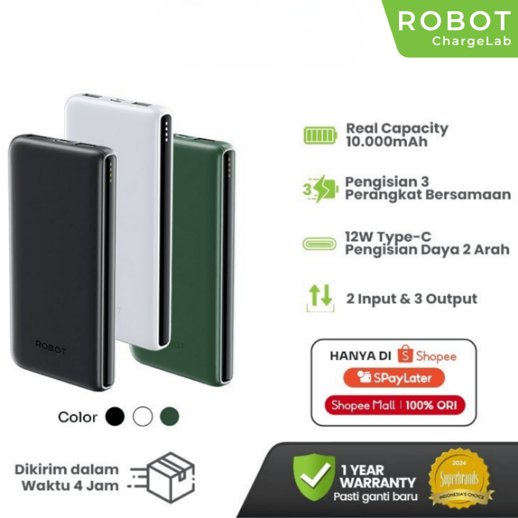 ROBOT Powerbank PB 10000mAh 2.1A Dual Port Micro & Type-C Powerbank Travel Friendly Original RT180S 