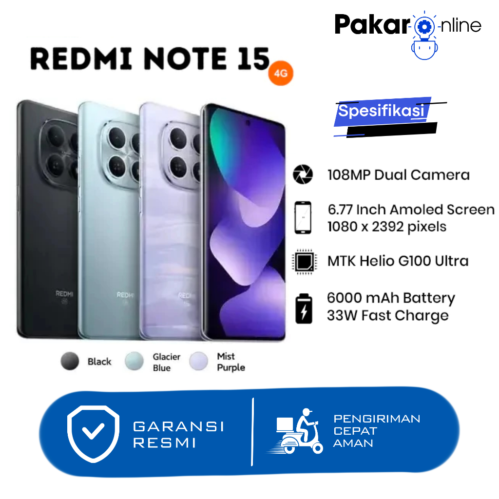 Xiaomi Redmi Note 15 4G 6/128 8GB/128GB 8GB/256GB Display AMOLED 6,77" - Helio G100 Ultra HP Terbaru