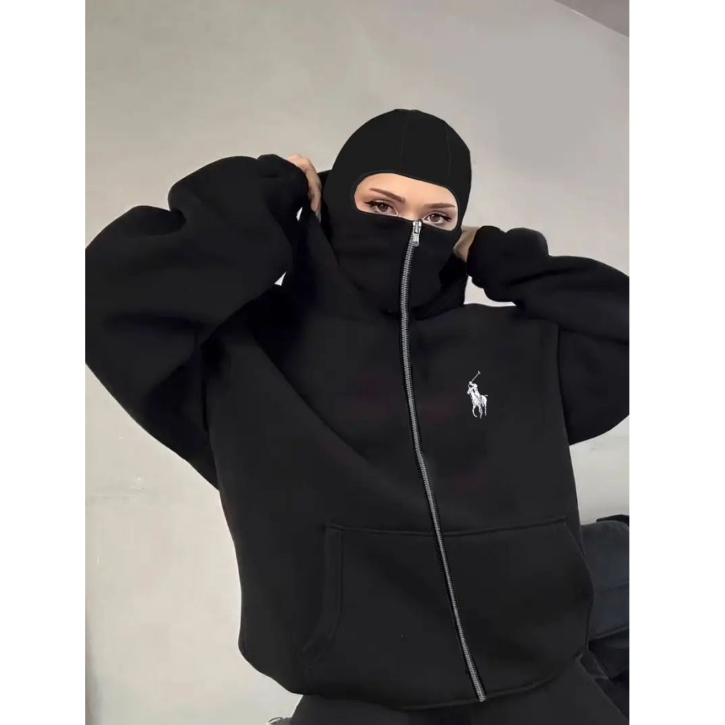 Windbreaker Hoodie Zipper Balaclava Polo Horse Black Unisex / Jacket hoodie fashion Ootd Vintage