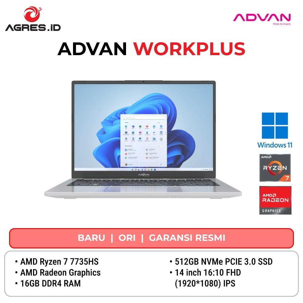 ADVAN WORKPLUS RYZEN 7 7735HS 16GB 512GB W11+OHS 14.0FHD IPS SLV