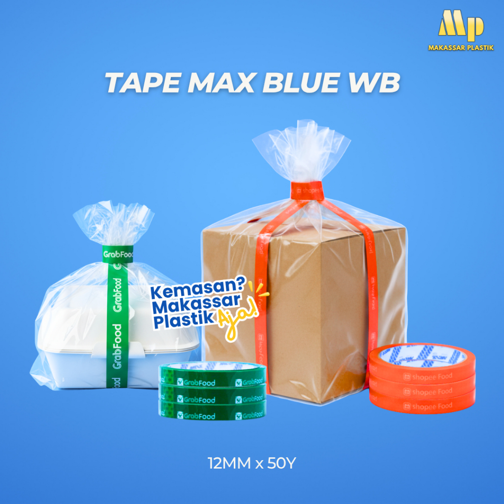 TAPE MAX BLUE GRAB / SHOPEE FOOD 12mmX50y / ISOLASI GRAB DAN FOOD / ISOLASI PLASTIK MAKANAN @12 ROLL