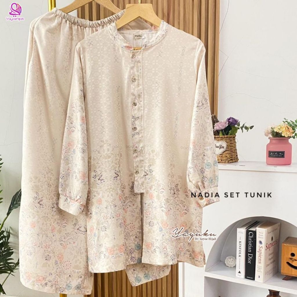Hot Sale Nadia Set Tunik Setelan Wanita Lebaran Kekinian Motif Floral Kondangan Busui Friendly