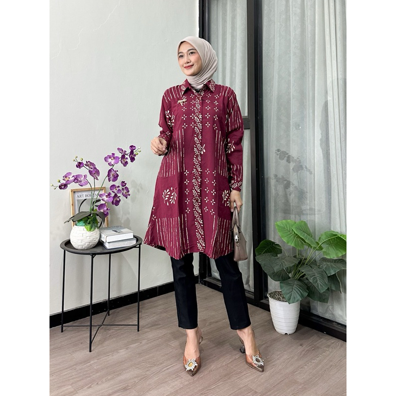 Tunik Tunic Kemeja Blouse Blus Baju Atasan Wanita Muslimah Remaja Dewasa Lengan Panjang Lebaran Hari