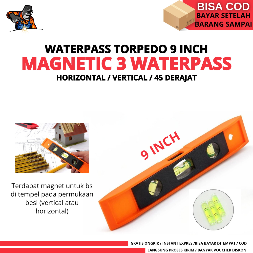 WATERPAS MAGNETIC 9" WATERPASS TORPEDO 225MM PENGGARIS AIR PENDEK MISTAR TIMBANG MINI 22.5CM PENGUKU