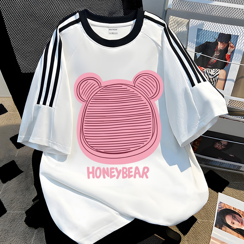 Butik Bebas Masalah - Kaos Pria Tiga Garis Kasual Korea | Pink Line Honeybear Prints Cute Cartoon St