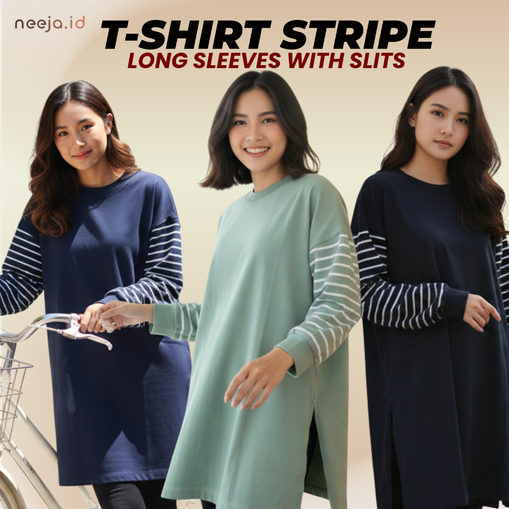 neeja - Kaos Polos Oversize Lengan Panjang Salur With Slit
