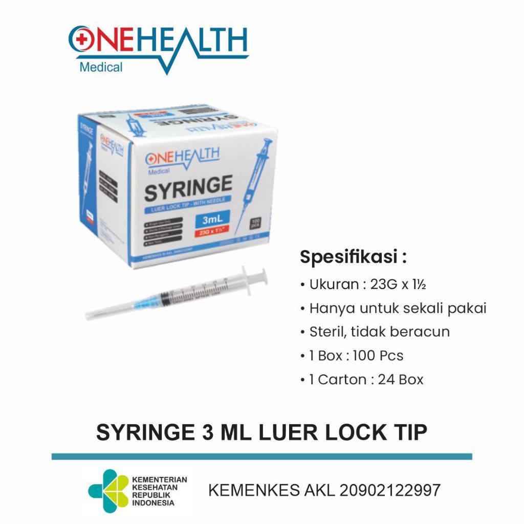 Syringe Onehealth 3cc Jarum Suntik 3cc Spuit 1cc Onehealth Spuit 3ml per pcs