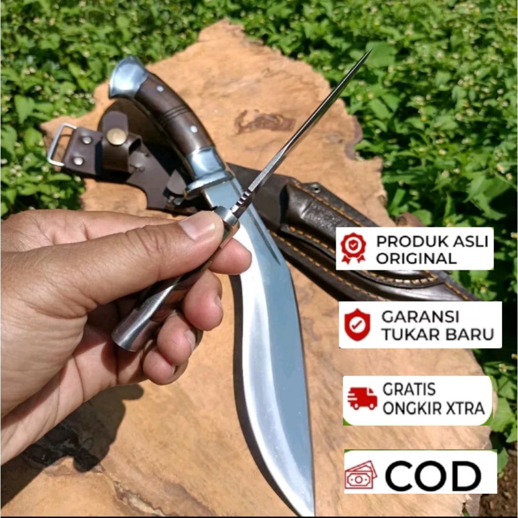 Pisau Kukri Beranak Premium – Gagang Kayu + Sarung Kulit