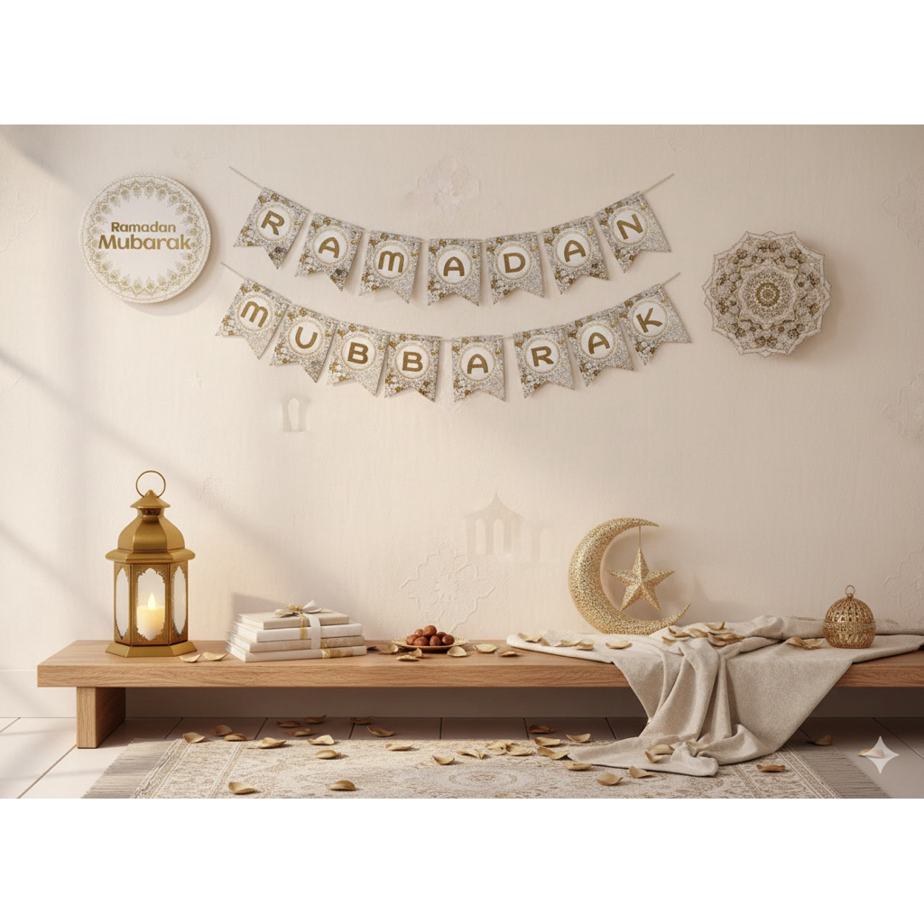FLAG RAMADAN MUBARAK PUTIH | kertas gantung banner ramadhan puasa lebaran eid idul fitri hiasan hias