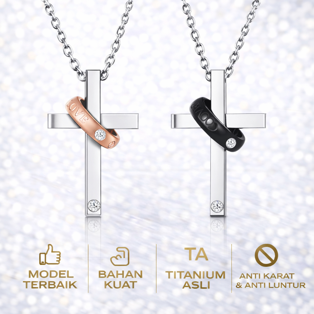 ALPHA OMEGA - Kalung Salib Couple Titanium | Kalung Pasangan Cincin | Pria & Wanita | Simbol Iman & 