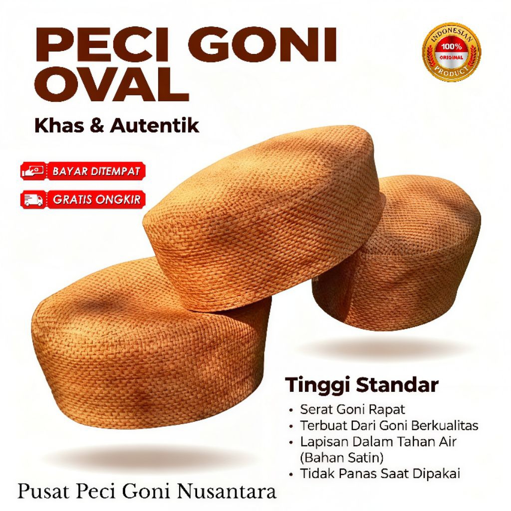 Peci Goni Oval Sederhana Warna Coklat / Kopiah Goni Lentur / Peci Goni Oval Habib Bahar / Peci Karun