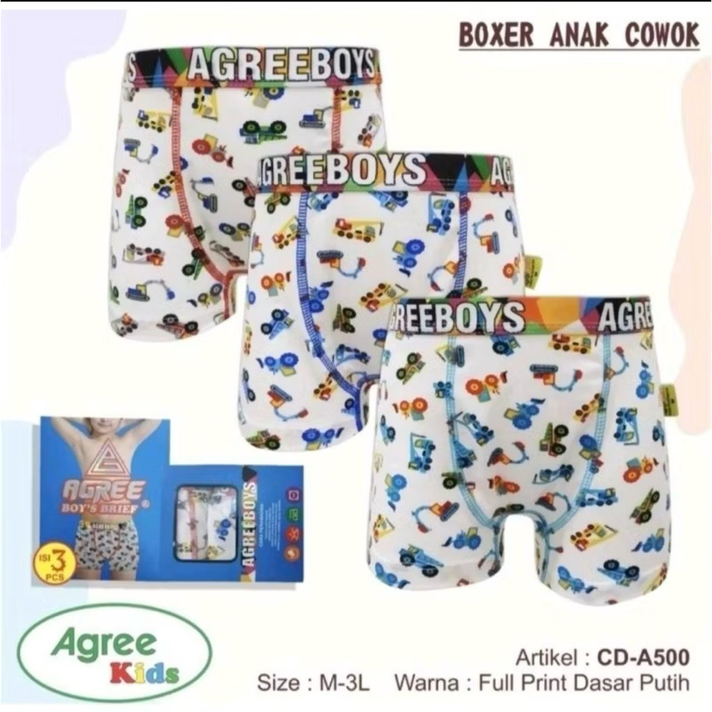 (3pcs) AGREE || Celana Dalam Anak Model Boxer Putih Motif Agree Kode :A500 Boys Brief Laki Cowok