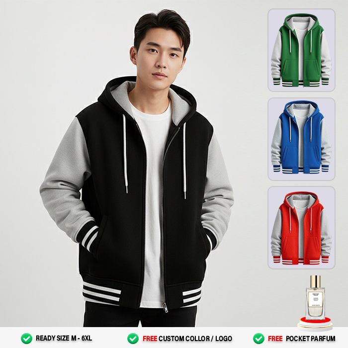 Jaket Hoodie Varsity Hitam Abu Unisex – Fleece Tebal – Full Zipper Cocok Sekolah, Kampus & Couple Ja
