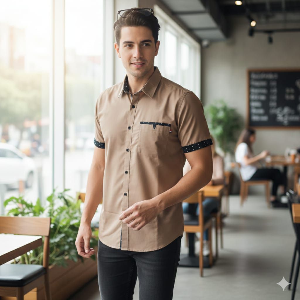 Kemeja Hem Pria Lengan Pendek Model Kombinasi Lis Hitam