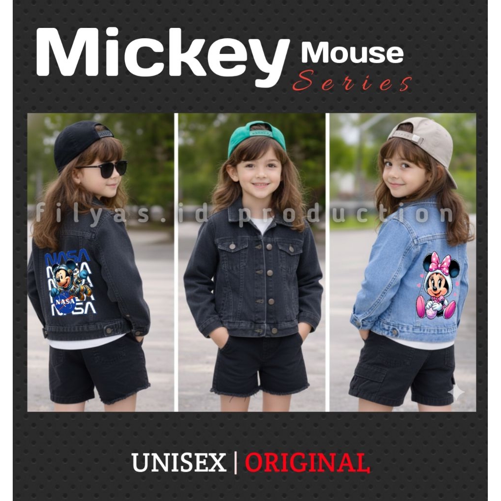 Jaket Jeans Anak Perempuan Mickey NASA - Jaket Denim Anak Cewek Import Karakter - Jaket Levis Anak L