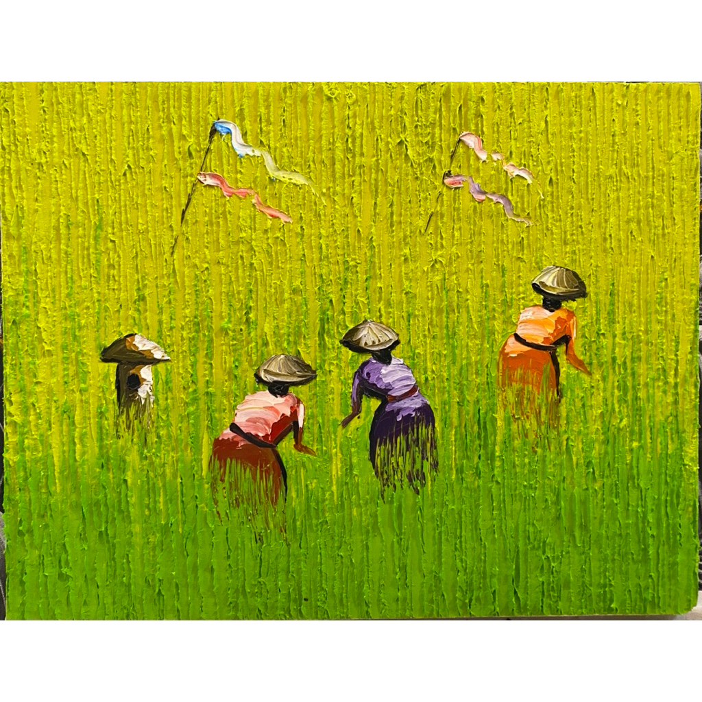 Lukisan Panen Padi, UK : 30 cm x 40 cm, Lukisan Canvas Buatan Bali, Lukisan Asli