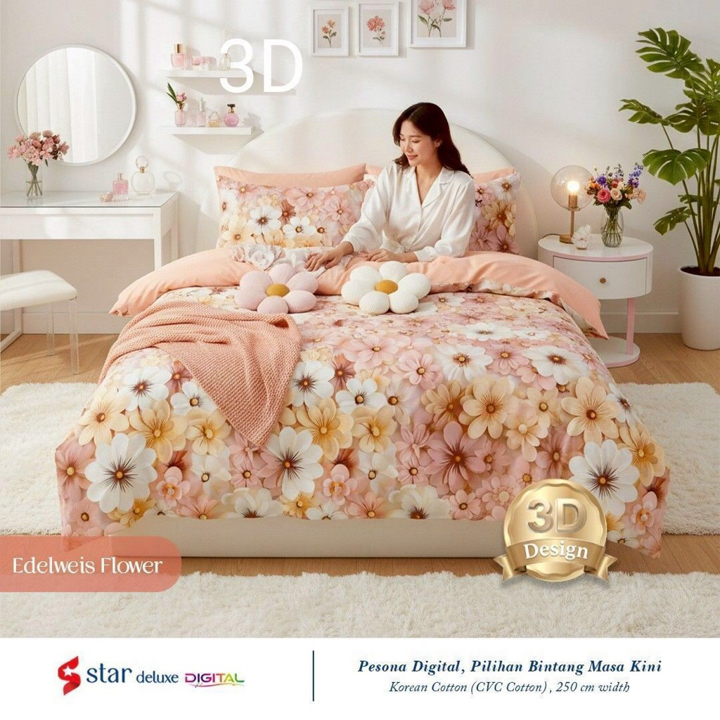 Kain Sprei Meteran Bahan Katun CVC Premium Motif edelweis Flower Star