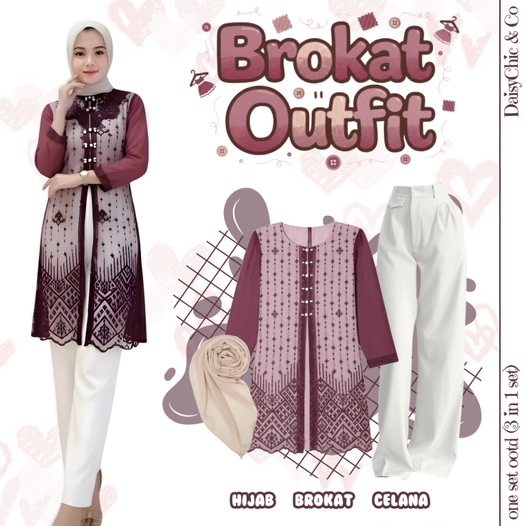 setelan 3 IN 1 SET Wanita Kondangan Kekinian (Brokat, Celana, Hijab) One Set Kondangan/Hari Raya - D
