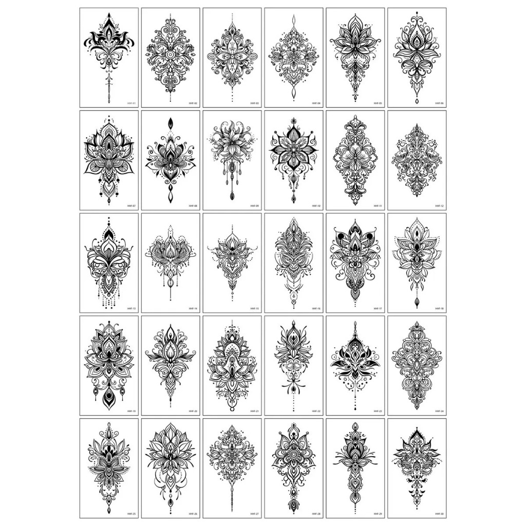 30 PCS Stiker Tato Temporer Grosir 6x10cm Halal Tanpa Bekas flower sketsa Bunga hitam cantik HHF