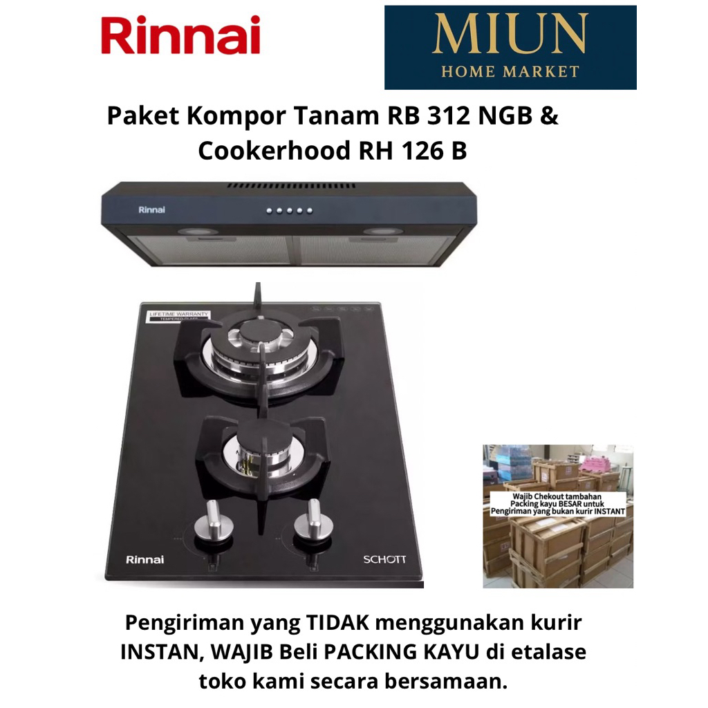Paket Kompor Tanam Rinnai RB 312 NGB 2 Tungku  & Cookerhood RH 126 B 60cm