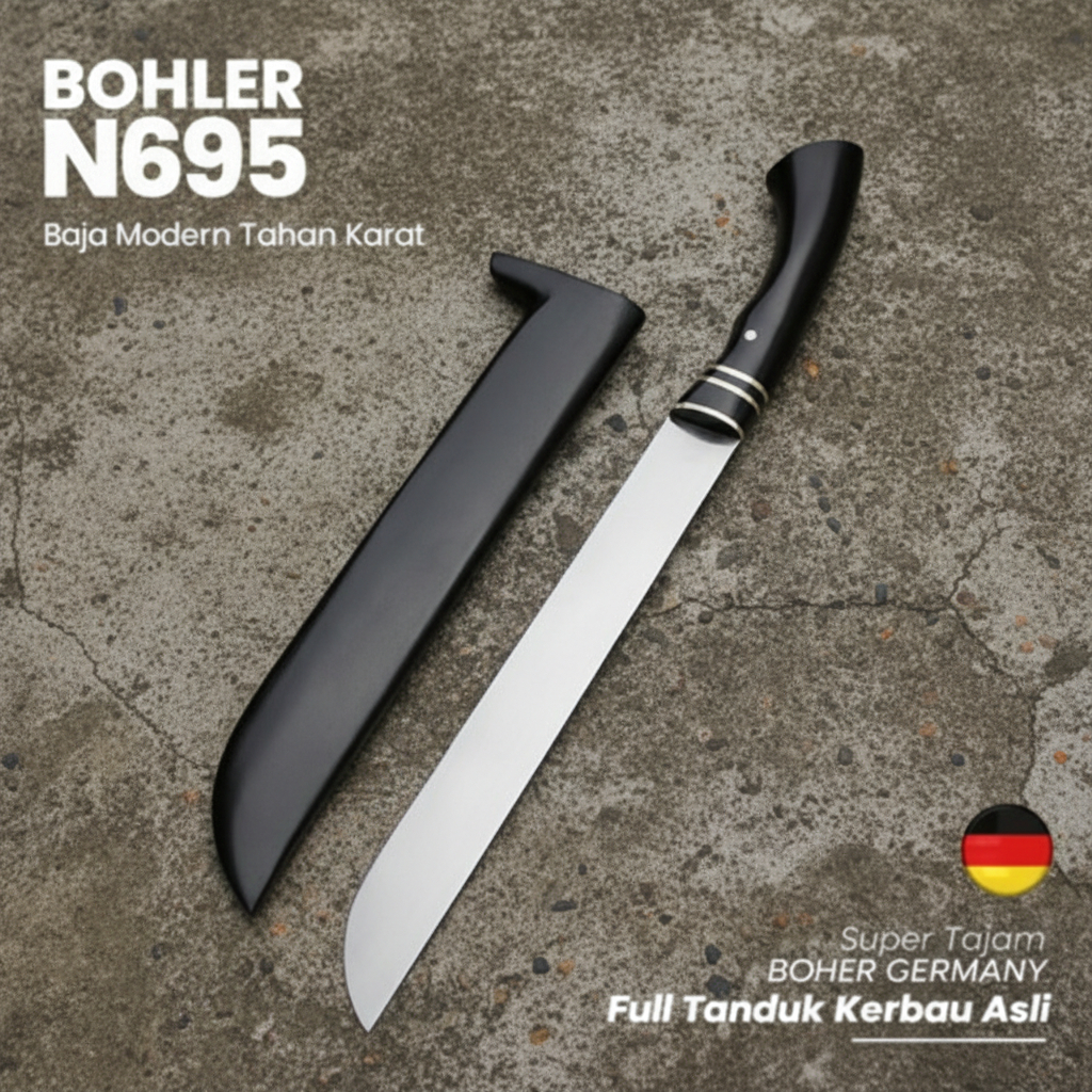 Pisau Dapur Sembelih Super Tajam Baja Bohler N695 Full Tanduk Kerbau 25cm Finishing Mirror Golsem