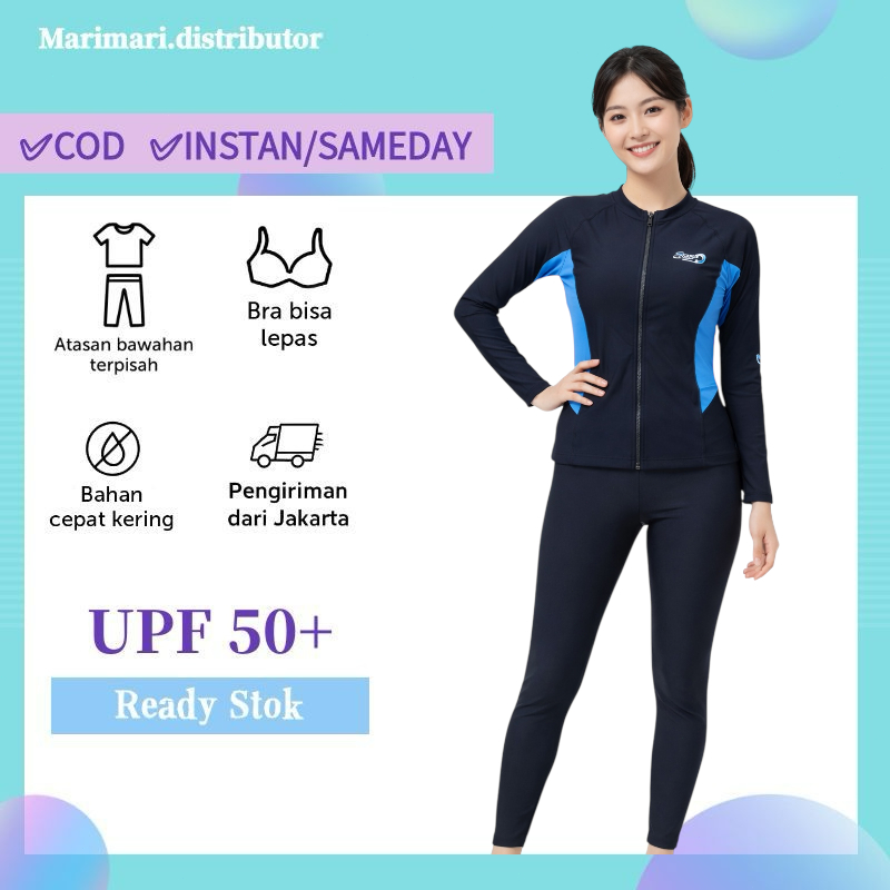 31605 Baju renang dewasa wanita remaja zipper resleting lengan celana panjang satu set polos