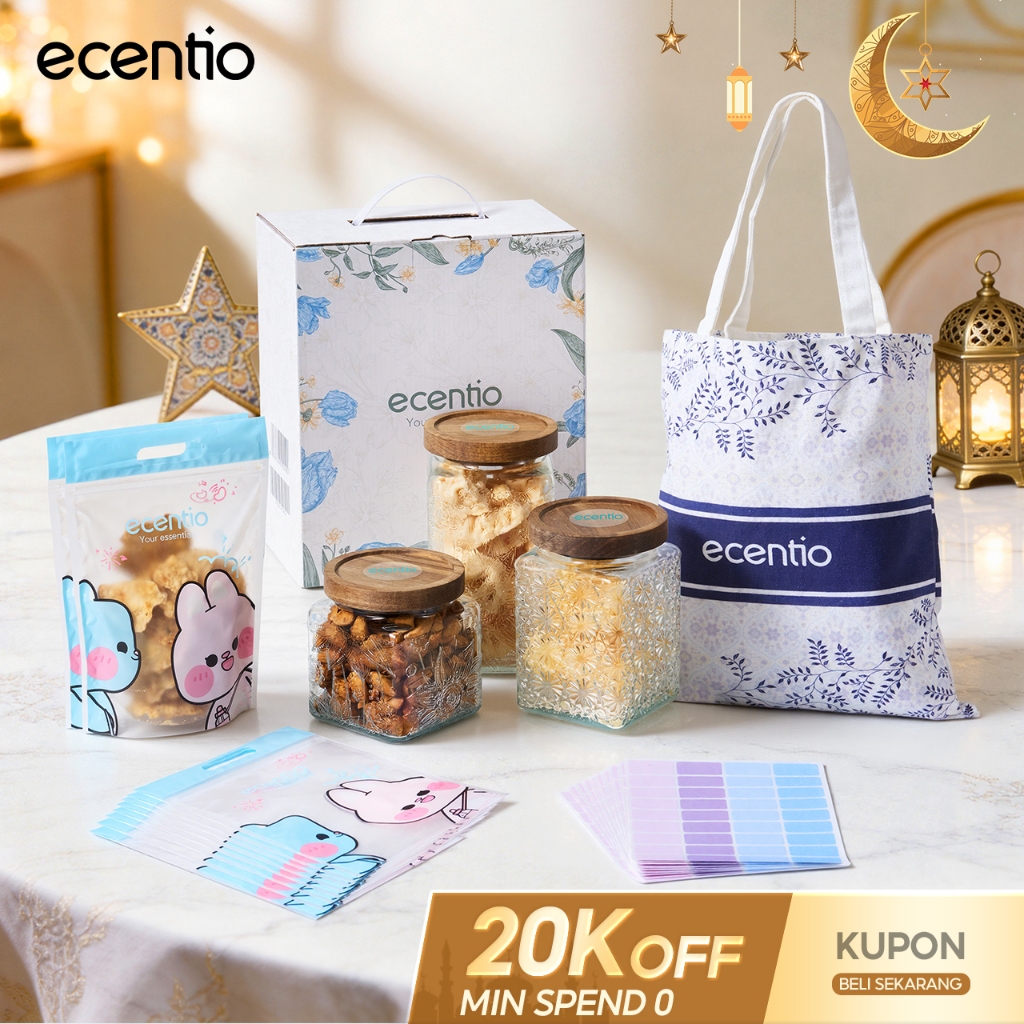 ecentio toples kaca kedap udara 1000ml + 700ml + 500ml + batik tote bag aesthetic paket lebaran rama