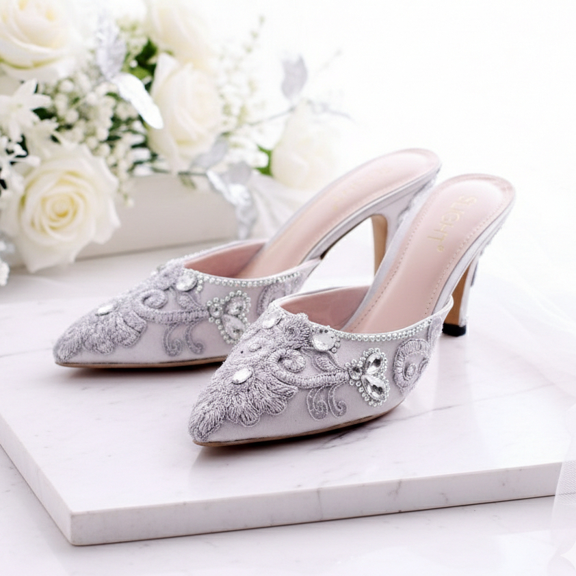 SLIGHT Selop Luxe Silver Brokat Lace Wedding Shoes