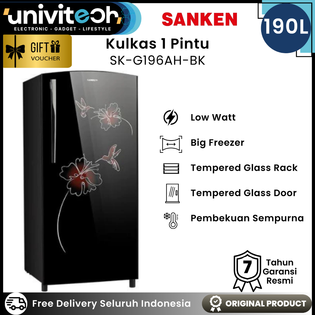 Sanken Kulkas 1 Pintu 190 Liter SK G196AH Low Watt Pintu Kaca Rak Kaca Big Freezer Fast Freezing