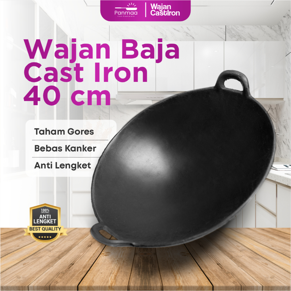 Wajan Baja Cor Seasoned 16” (40cm) Tebal Anti Lengket/Kuali Besi Cor/Cast Iron/Wajan Penggorengan