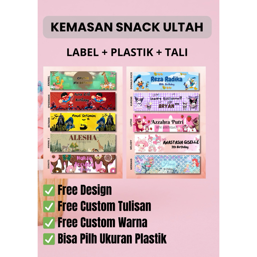 CUSTOM NAMA LABEL PLASTIK SNACK ULTAH ANAK HANGTAG ULTAH ANAK PLASTIK MURAH