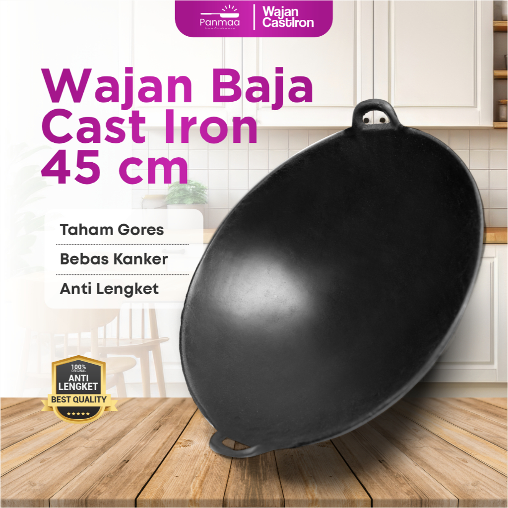Wajan Baja Cor Seasoned 18” (45cm) Tebal Anti Lengket/Kuali Besi Cor/Cast Iron/Wajan Penggorengan