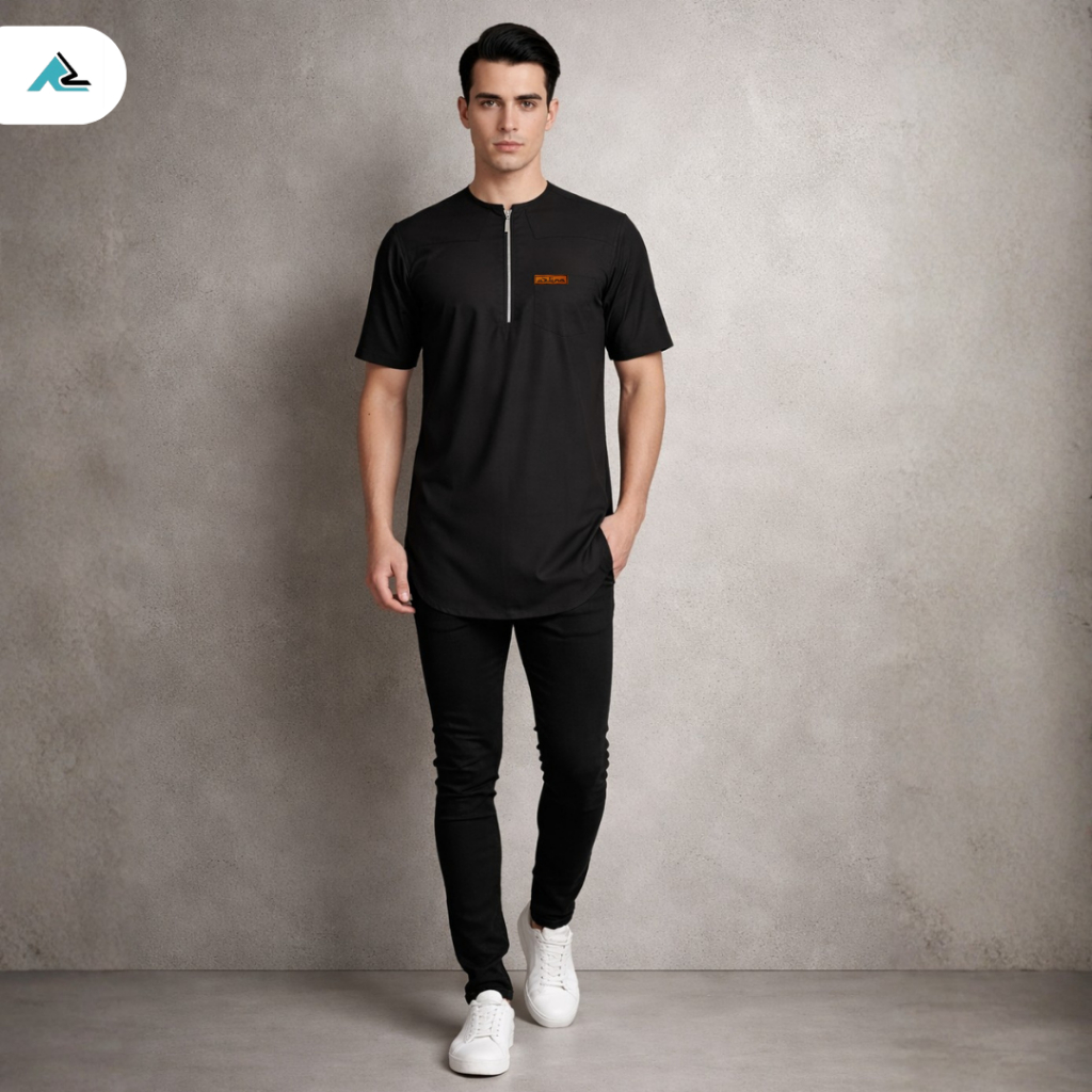 AZLINA Kemeja Koko Zipper Pria Modern Lengan Pendek