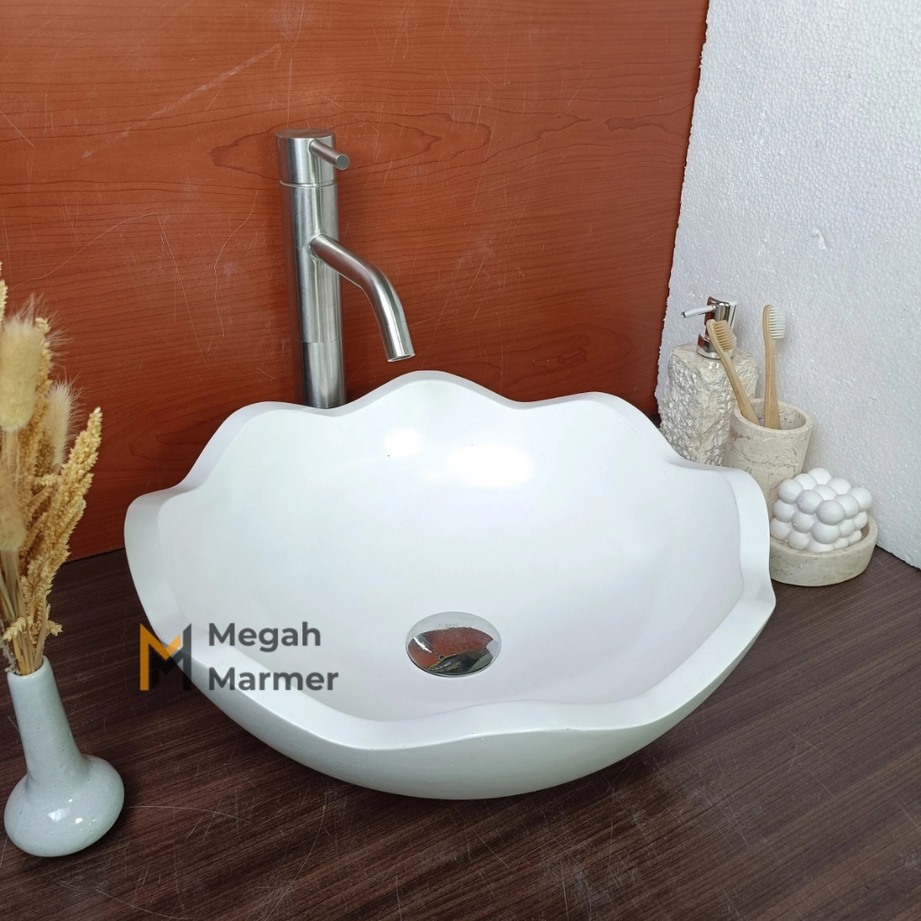Megah Marmer | Wastafel Baskom Bunga Terazzo Putih Polos Desain Unik Ukuran 40 cm Free Packing Kayu