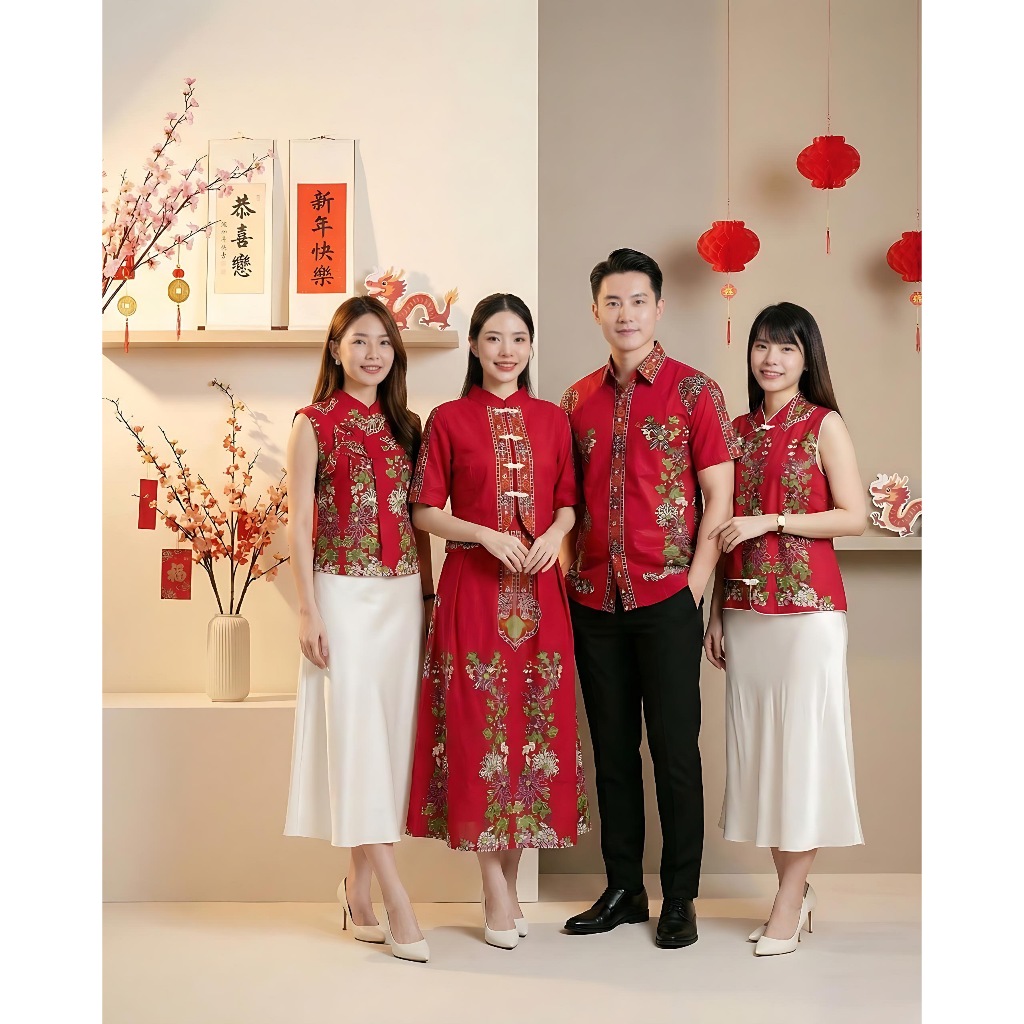 Batik Couple Edisi Imlek Warna Merah / Cheongsam Batik / Kemeja Batik Imlek / Series VP#