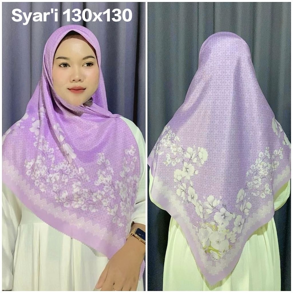 HIJAB SEGI EMPAT SYAR'I JUMBO VOAL MOTIF BUNGA SHAFIA UNGU LILAC