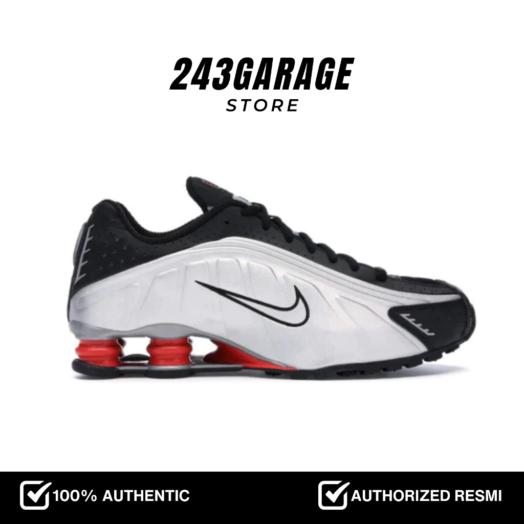 Nike Shox R4 Black Metallic Silver Red Sneakers Resmi