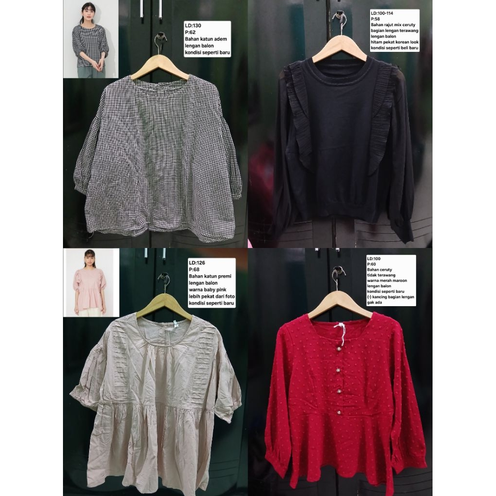 (COD)Atasan blouse wanita lengan balon warna maroon hitam baby pink motif polos dan kotak-kotak/tart