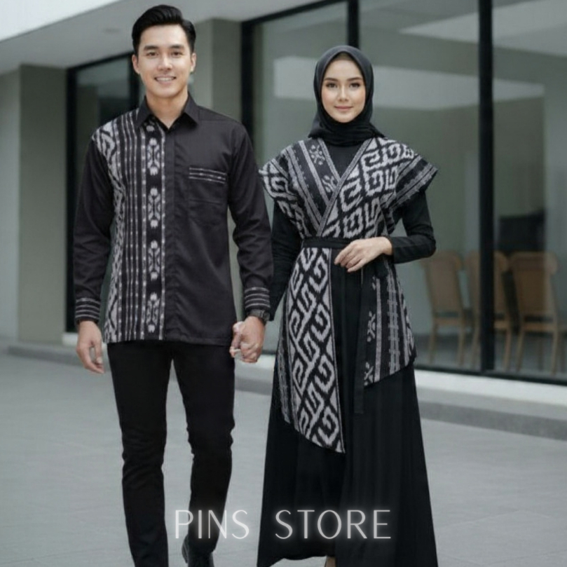 Baju Couple Tenun Hitam Modern Outfit Lebaran Kemeja dan Gamis Muslimah Etnik Ekslusif