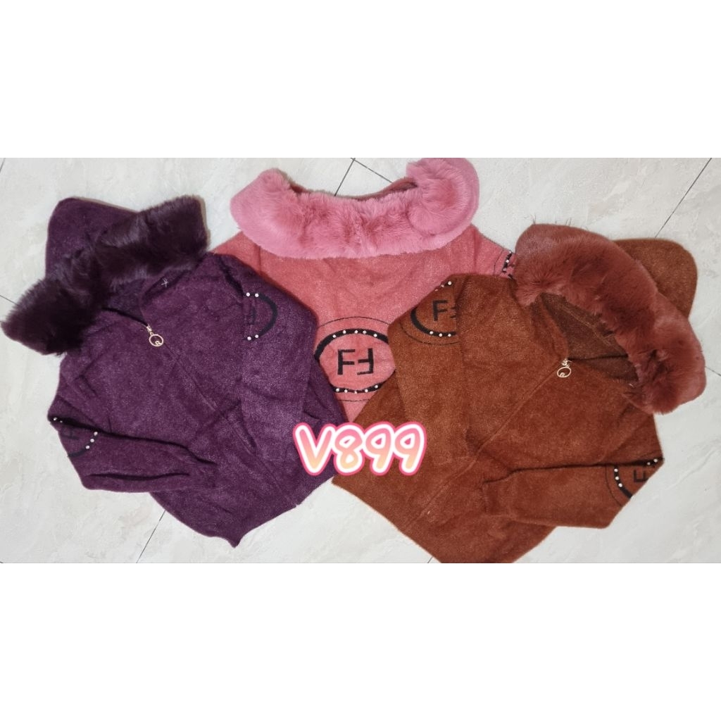 Jaket Rajut Hoodie Sweather Bulu Topi Zipper V899