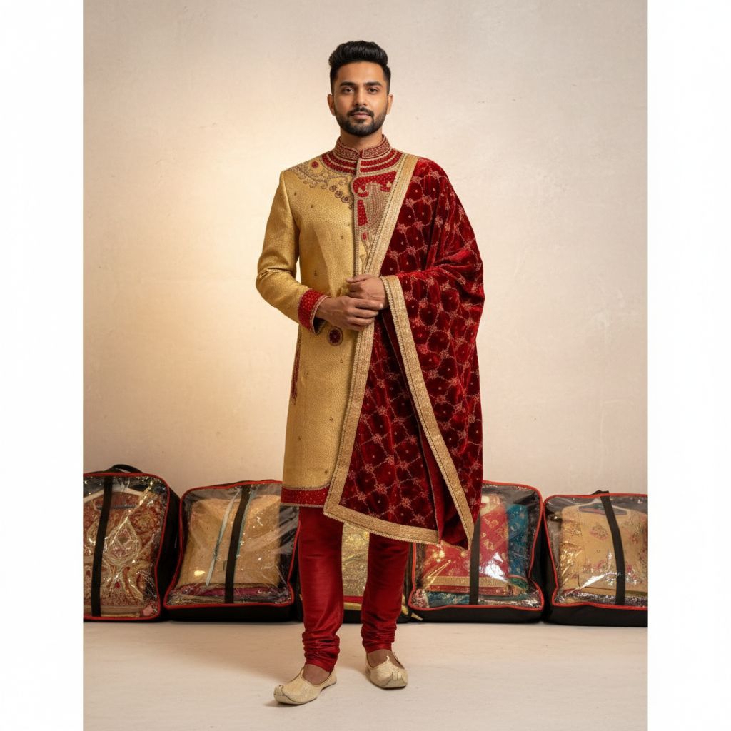 Baju india cowok / sherwani wedding ori india ( Baju+Celana+shall)