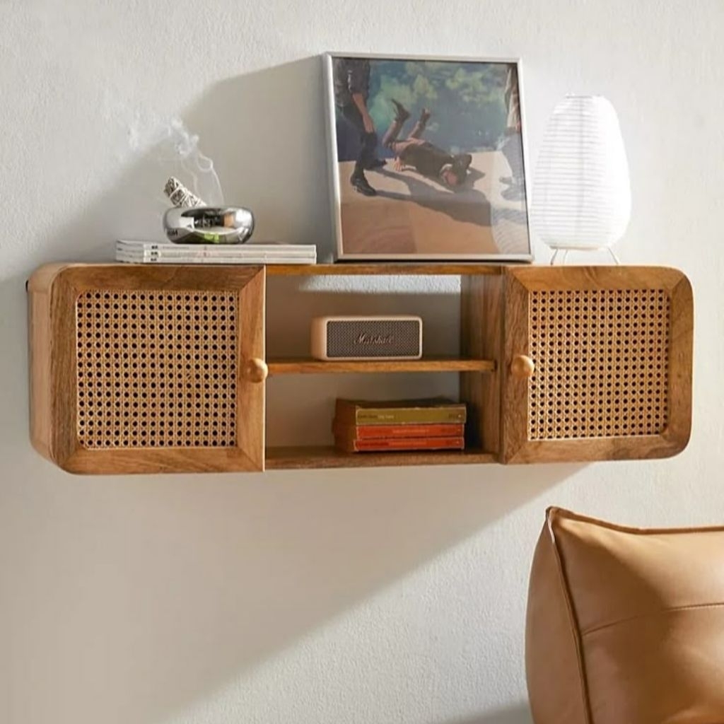 rak kayu jati solid retro minimalis - pintu anyaman rotan alami