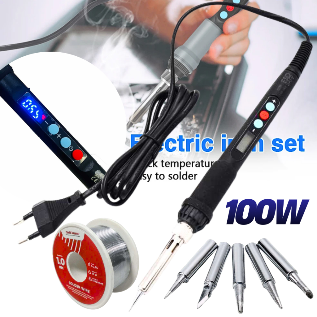 MALL TAFFWARE Solder Listrik 100 Watt Digital LCD + Timah dan Kepala 5 Pcs Set Lengkap