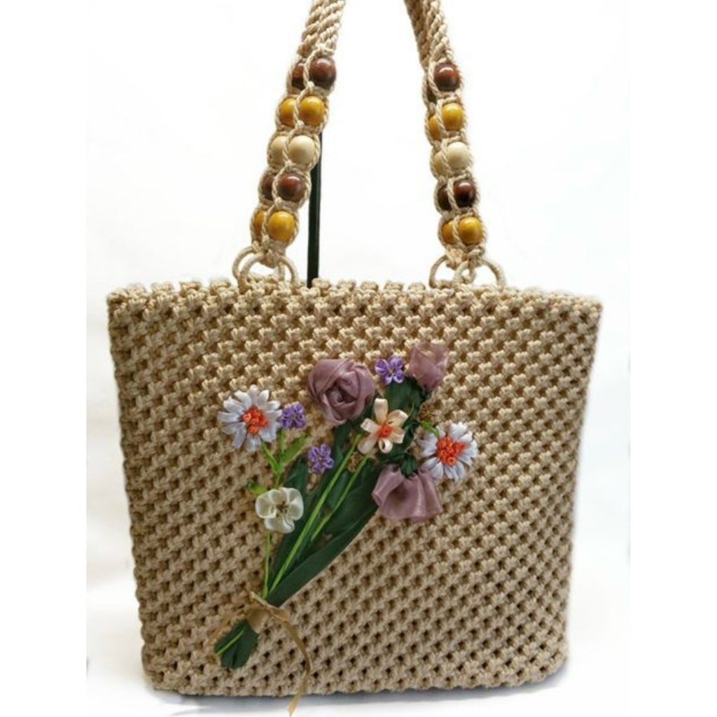 tas second rajut tali kur warna cream