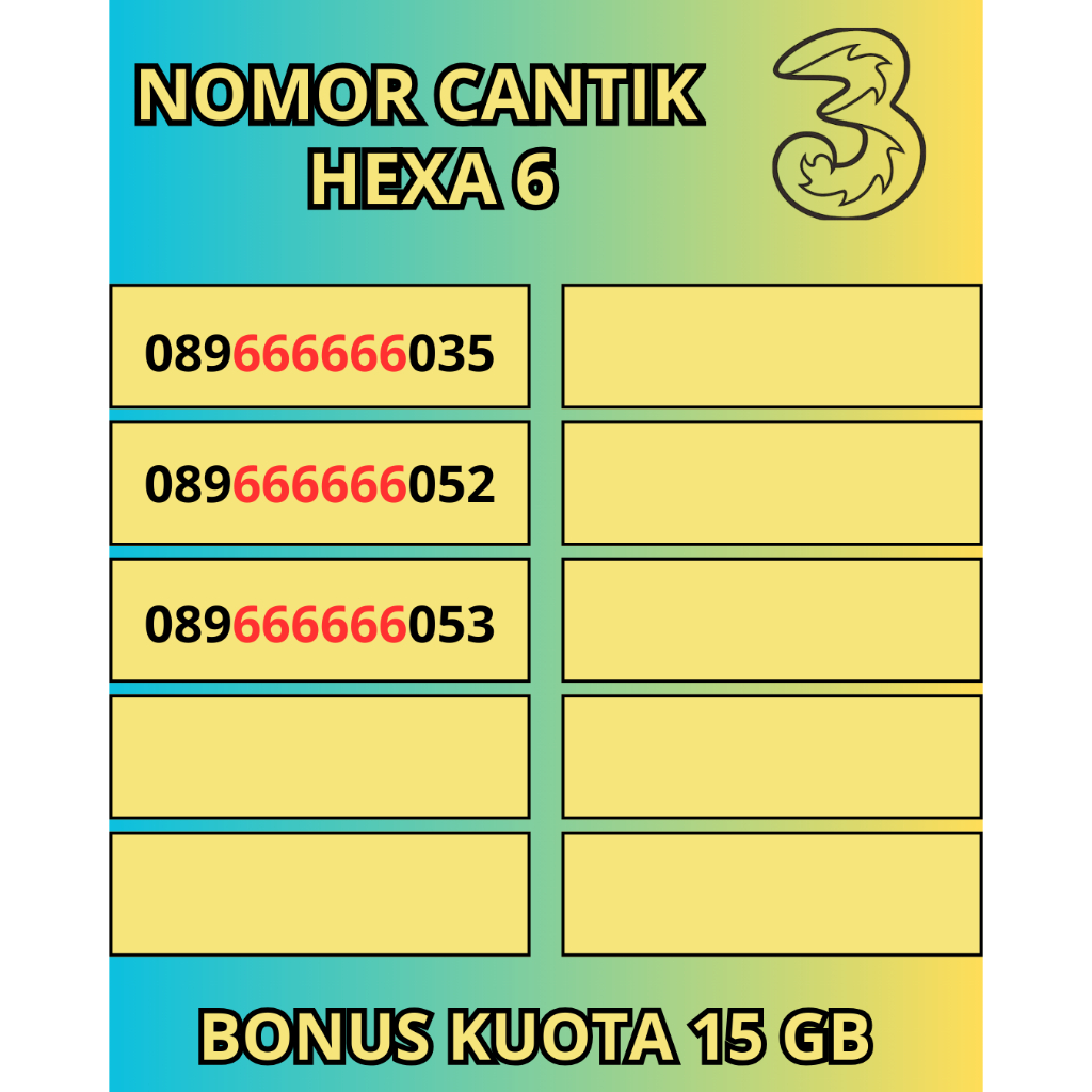 Nomor Cantik Tri Seri Hexa 6 Rapi - Kartu Perdana Tri Seri 666666