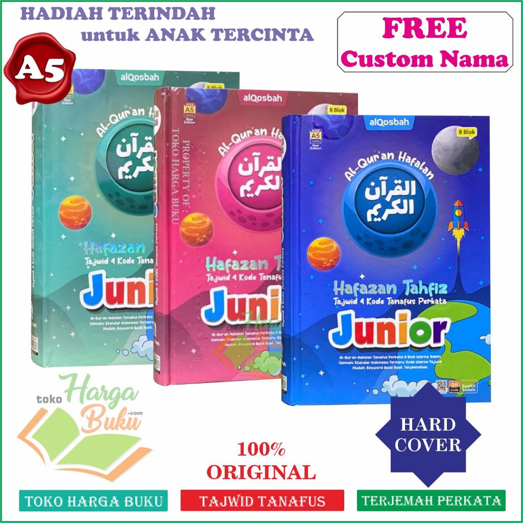 Foto Al-Quran Hafazan Junior A5 HC Terjemah Perkata CUSTOM NAMA Untuk Hadiah 8 BLOK Full Color QR CODE Qur'an Anak - Alqosbah