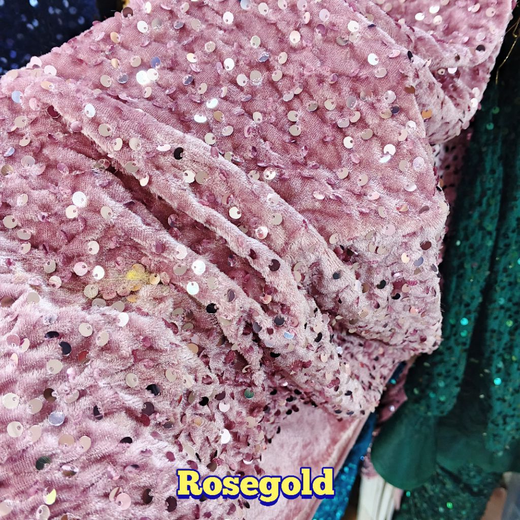 KAIN BAHAN BLUDRU PAYET ORIGINAL PREMIUM WARNA ROSE GOLD LEBAR 1,5M TERLARIS