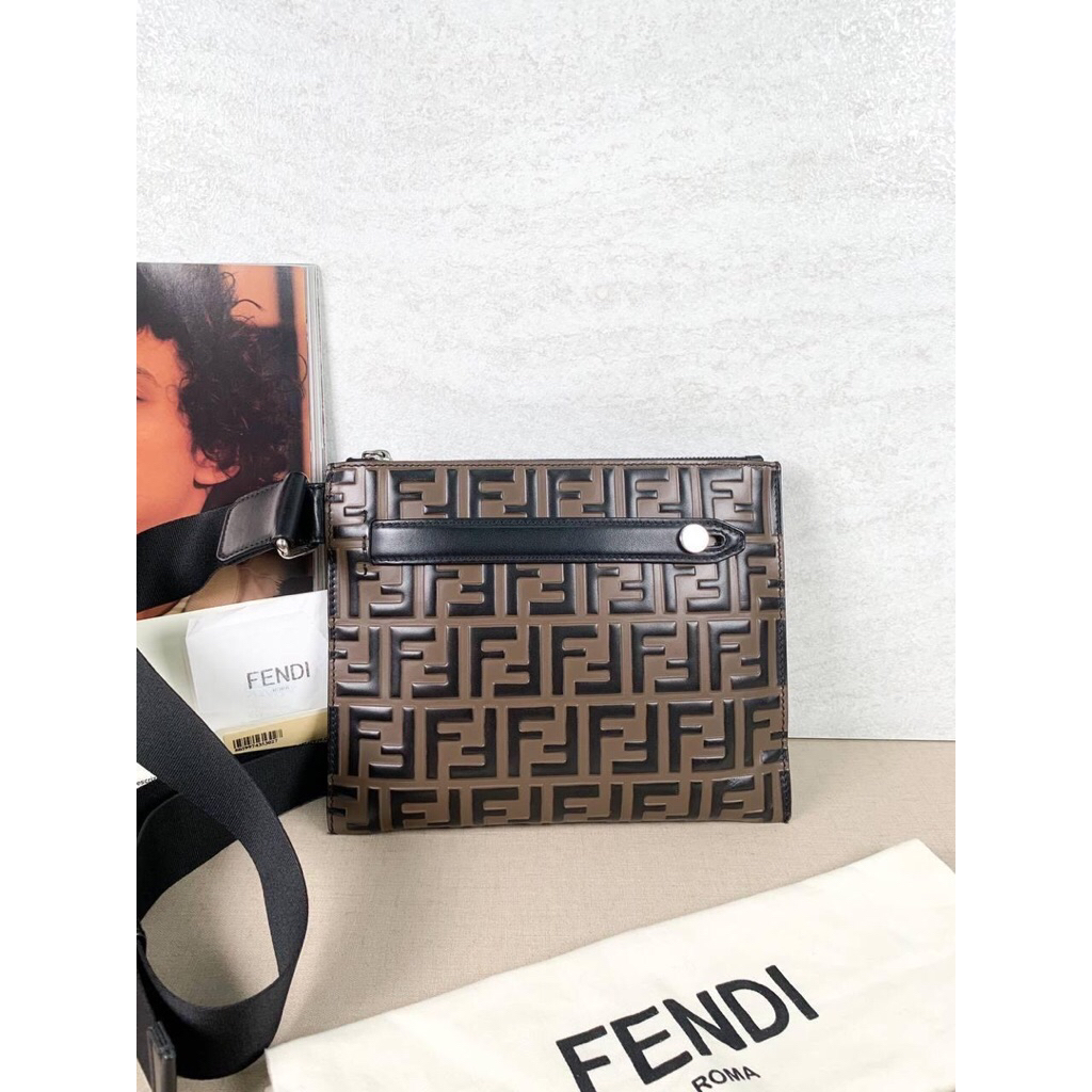 (PRELOVED) Fendi FF Pattern Leather Crossbody Messenger Bag Brown